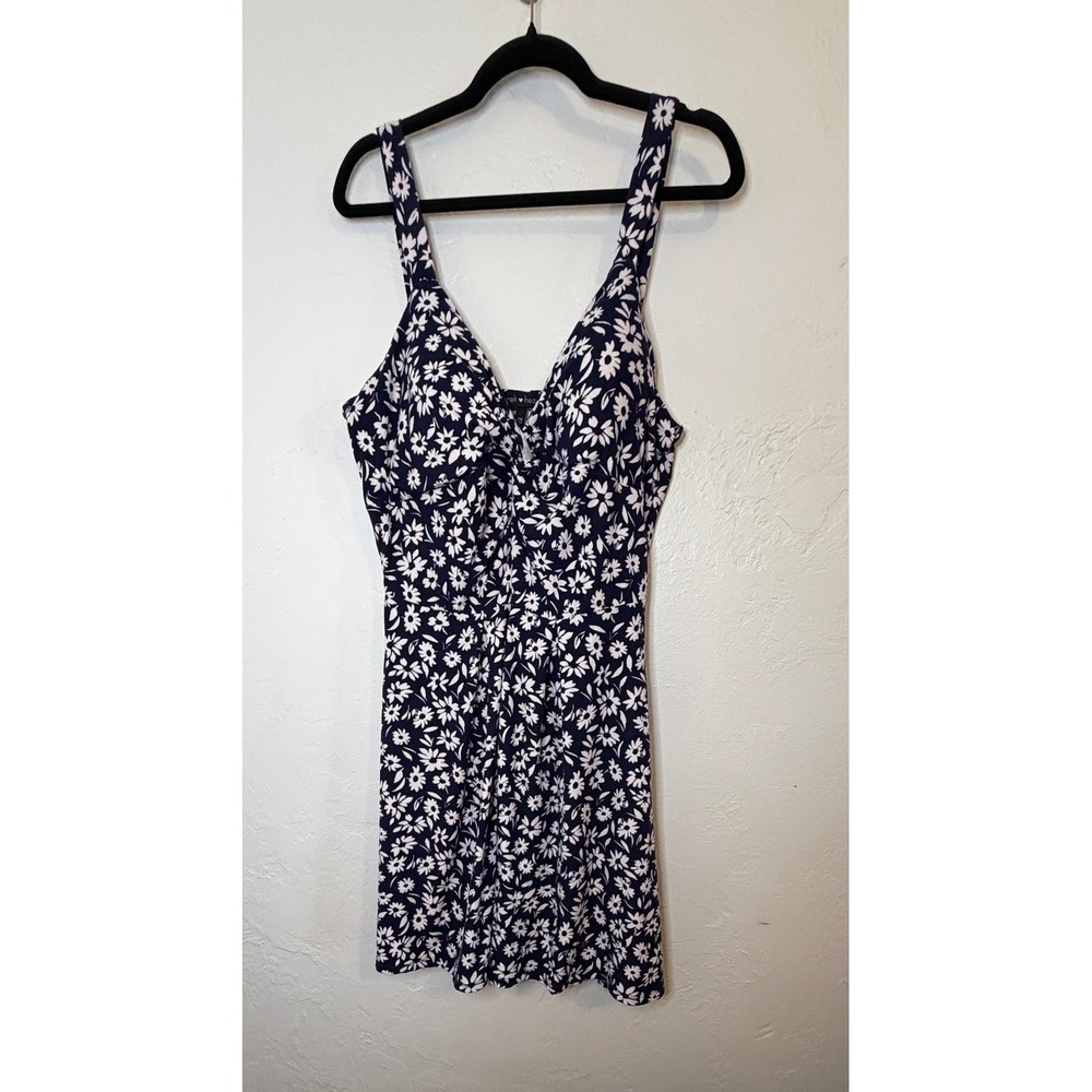 Derek Heart Navy Blue White Daisy Floral Knot Front Mini Dress M Plus